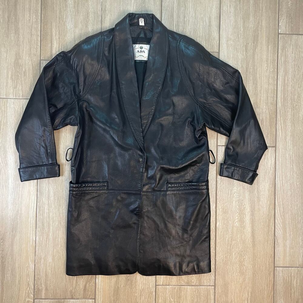 ADA Collection Vintage Black Genuine Leather Long Coat Blazer Jacket Women’s M